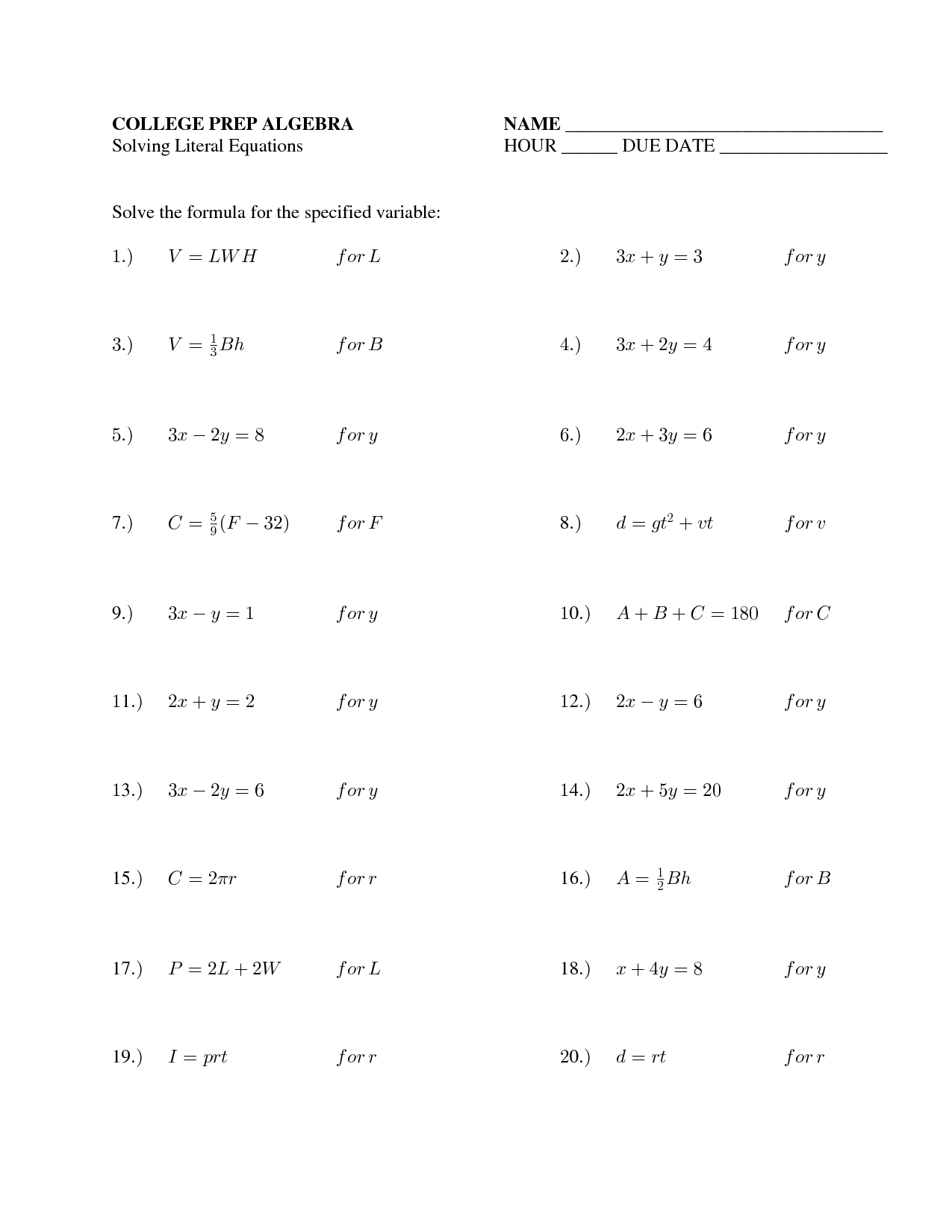 Algebra I - MR. g For Solve Literal Equations Worksheet